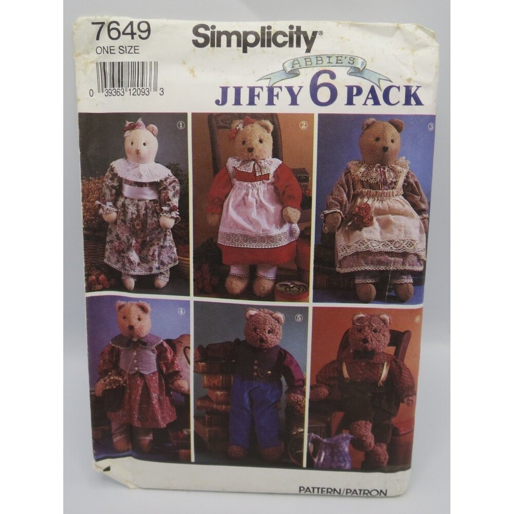 Simplicity 7649 Teddy Bear Clothes Outfits One Size 22" Bear 1991 Jiffy